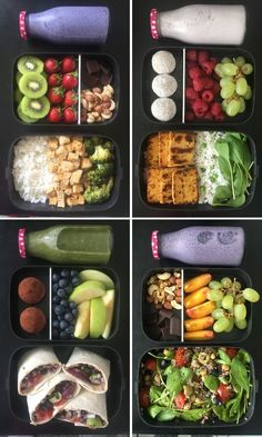 four pictures show different sections of a lunch box with fruits, vegetables and crackers