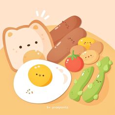 an egg, bread, and vegetables are on a plate with the words breakfast written in english