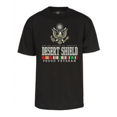 a black shirt with an eagle and the words desert shield in multicolored letters