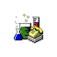 an old school pixel art style image of a beaker and test tube