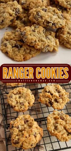 a collage of cookies on a cooling rack with the words ranger cookies above it