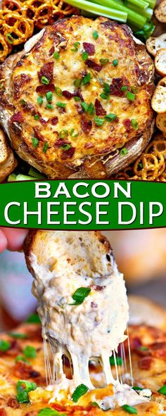 bacon cheese dip is being lifted from a casserole dish