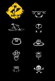 some different types of stickers on a black background with the words surf's up