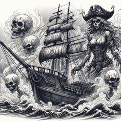 a black and white drawing of a pirate ship with skull heads on it's side