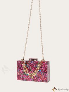 BirdinBag - Sequin Mini Box Bag with Chain Strap: Elegant Purse for Weddings, Proms, and Parties Rectangular Evening Bag With Chain For Events, Rectangular Chain Evening Bag For Events, Pink Rectangular Bag With Chain Detail, Pink Rectangular Bag With Chain, Rectangular Pink Bag With Chain, Pink Rectangular Chain Bag, Rectangular Chain Shoulder Bag For Parties, Pink Square Party Bag, Pink Square Box Bag For Party