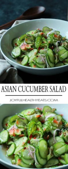 An easy to make Asian Cucumber Salad that's full of crunchy cucumber, rice wine vinegar, and a few secret ingredients! Can be served as a refreshing summer salad or the condiment to a sandwich! | joyfulhealthyeats.com Cucumber Rice, Rice Wine Vinegar, Quick Easy Dinner, Rice Wine, Wine Vinegar