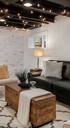 a living room filled with furniture and lights