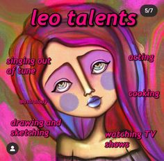 a painting of a woman with pink hair and blue eyes, has the words leo talenteds on it