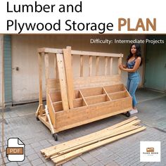 a woman standing next to a wooden storage box on top of a brick floor with the words lumber and plywood storage plan below it