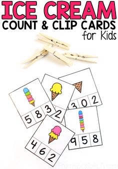 an ice cream count and clip cards for kids to practice counting with the numbers 1 - 20