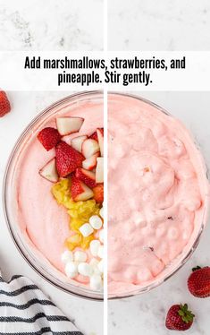 two pictures with strawberries, and pineapple in them