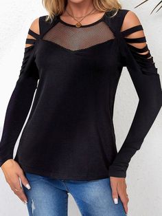 Black Mesh Patch Ripped Long Sleeve Top Material: 65% Polyester + 30% Viscose + 5% Elastane Style: Casual Pattern: Solid Color: Black Neckline: Round Neck Silhouette: Sheath Sleeve Length: Long Sleeve Occasion: Daily This Black Mesh Patch Ripped Long Sleeve Top is a perfect blend of sexy and romantic with a bold design. The mesh patch detail adds a touch of mystery to this long sleeve tee, making it stand out. The edgy ripped design is ideal for showcasing sexy shoulders, while the slim fit silh Edgy Black Stretch Blouse, Black Hollow Out Tops For Summer, Black Hollow Out Summer Tops, Hollow Out Tops For Night Out In Spring, Summer Black Hollow Out Tops, Hollow Out Top For Spring Night Out, Spring Hollow Out Tops For Night Out, Stretch Black Tops With Hollow Out Detail, Black Stretch Tops With Hollow Out Details