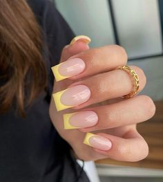 Short yellow French tip Russian manicure acrylic Yellow French Tip, French Tip Acrylics, Yellow French, Fabulous Nails, Pretty Nails, Yellow