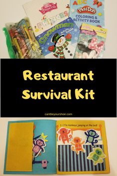 the restaurant survival kit is filled with children's books and crafting supplies, including crayons