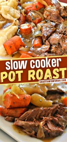 slow cooker pot roast with carrots, potatoes and meat on a white plate