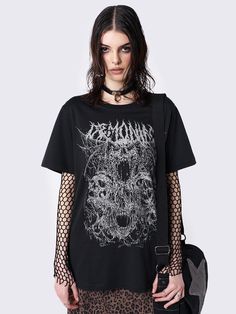 Explore dark style with our Black Oversized T-shirt, featuring a dark 'demoniac' graphic print. Embrace the fusion of goth, Y2K, and grunge acubi aesthetics with Minga London. Shop now! Grunge Acubi, Hot Topic Clothes, Minga London, Goth Y2k, Deal With The Devil, Dark Style, Emo Outfits, Dark Fashion, Oversized T Shirt