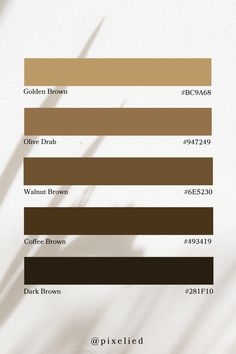 A rich and earthy palette, featuring golden brown, olive drab, walnut brown, coffee brown, and dark brown, evoking warmth and rustic charm.