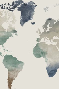 a map of the world in shades of blue and green with watercolors on it