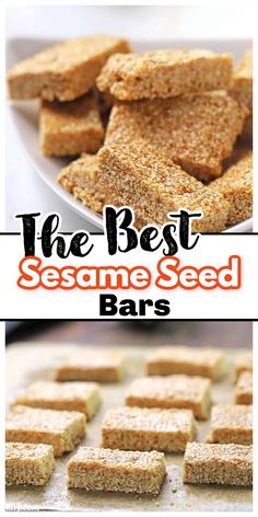 the best sesame seed bars on a white plate with text overlay that reads, the best sesame seed bars