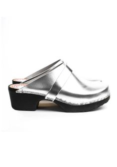 [Color: Silver] A silver leather classic clog with silver strap and a rubber sole. Handmade in Sweden. Chic Clogs With Removable Insole, Medium Width, Synthetic Slip-on Clogs With Reinforced Heel, Leather Slip-on Clogs With Buckle Closure, Gray Rubber Sole Slip-on Clogs, Synthetic Slip-on Clogs With Removable Insole, Timeless Shoes, Stay Grounded, Affordable Shoes, Leather Clogs