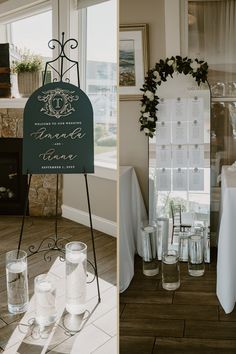 the reception table is set up with drinks and menus