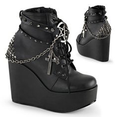 Price Is Firm | No Offers | No Price Drops | No Bundle Discounts - No Flaws Found - Worn Once Lightly Original Description: - 5" (127mm) Platform - Lace-Up - Ankle Bootie - Wrap Around Studded Straps With Pentagram Detail Chain With Charms Of Cross, Skull Head & Lighting Pyramid Studs At Back - Approximate Calf Circumference: 9.3" - Approximate Shaft Height: 6.8" Please Refer To Demonia's Size Guide On Their Website: Https://Demoniacult.Com/Pages/Size-Chart Chain With Charms, Demonia Boots, Goth Shoes, Demonia Shoes, Gothic Shoes, Womens Black Booties, Dr Shoes, Gothic Clothing, Wedge Ankle Boots