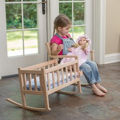 BENEFITS OF CHILDREN'S ROCKER & DOLL CRADLEAmish-Made Doll Furniture for Endless Playtime!Watch children's faces light up as they rock their beloved dolls to sleep. This delightful design connects a child-sized rocker to a doll cradle so as little ones sway back and forth in the rocker, the cradle rocks too. Reminiscent of the old-fashioned chairs and cradles of the past, it's made just as well with smooth, solid oak - you can pass it down from child to child for generations of playtime!Handcraf Bunk Bed Accessories, Baby Doll Crib, Baby Doll Furniture, Toy Furniture, Kids Rocker, Sway Back, Wooden Rocker, Baby Doll Bed, Doll Cradle