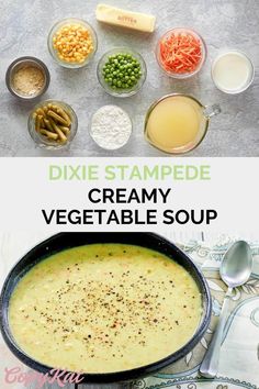 the ingredients to make creamy vegetable soup are shown in separate bowls and on top of each other