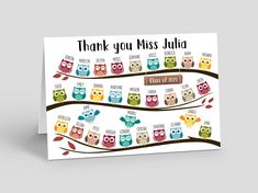 an owl themed thank card with the words, thank you miss julia and owls sitting on a tree branch