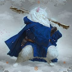 a white cat wearing a blue cape and holding two swords in its paws, with clouds behind it