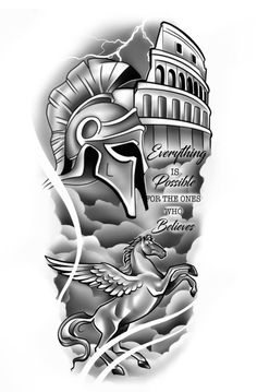 a black and white tattoo design with an image of the roman colossion on it