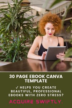 a woman sitting at a table in front of a laptop computer with the text 30 page book canvas template