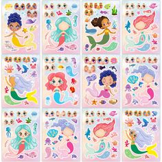 the mermaid stickers are all different colors and sizes, but one is not very colorful