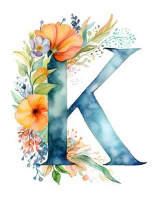 the letter k is painted with watercolor flowers and greenery on it's sides