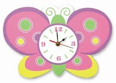 a clock with a colorful butterfly design on it's face is shown in front of a white background