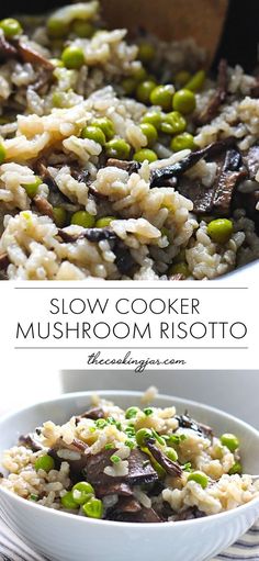 this is a close up view of a mushroom risotto in a white bowl