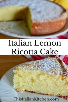 two slices of italian lemon ricotta cake with powdered sugar on the top and bottom