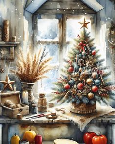 a painting of a christmas tree in front of a window with other holiday decorations on the windowsill