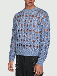 Men's Personality Ripped Sweater Blue Casual  Long Sleeve Knitwear Plain Pullovers Slight Stretch  Men Clothing, size features are:Bust: ,Length: ,Sleeve Length: Nick Sturniolo Blue Flame Sweater, Ripped Sweater, Rave Fits, Knitwear Men, Men Clothing, Blue Sweaters, Fashion Online Shop, All Fashion, Length Sleeve