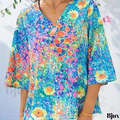 Bjux - Vibrant Floral Print Blouse: Elegant V Neck, 3/4 Sleeve Womens Casual Apparel Multicolor Half Sleeve Tops For Beach, Multicolor Half Sleeve Blouse For Summer, Floral Print Half Sleeve Blouse For Beach, Half Sleeve Floral Print Blouse For Beach, Blue Half Sleeve Tops For The Beach, Blue Half Sleeve Beach Top, Half Sleeve Blouse With Floral Print For Beach, Multicolor 3/4 Sleeve Tops For Beach, Vacation Floral Print Half Sleeve Tops