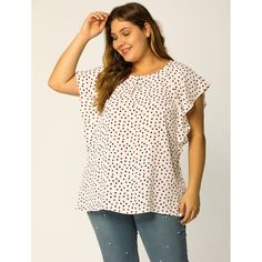 This chiffon polka dot blouse will be your new favorite layering piece. A beautiful ruffle sleeves and polka dot let the blouse look feminine and classic that effortlessly dresses up or down for any occasion. The material is soft and lightweight. The detail of neckline design is exquisite. You can dress this up or pair it with jeans and sandals. Casual Swiss Dot Blouse, Casual Polka Dot Swiss Dot Top, Chiffon Floral, Round Neck Top, Neckline Designs, Plus Size Summer, Polka Dot Blouse, Round Neck Tops, Ruffle Sleeves