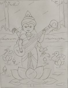 Saraswati Drawing For Kids, Environment Drawing Ideas, Mata Drawing, Cartoon Drawing For Kids, God Drawing, Maa Saraswati, Beautiful Pencil Drawings, Oil Pastel Drawings Easy, Drawing Scenery