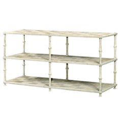 three tiered shelving unit with white paint and wood trimmings on the sides