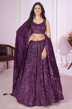 Perfect for a bride who desires a majestic look, this Purple Sequins Thread Embroidered Lehenga Choli is a true masterpiece. The intricate embroidery and sequins work on the rich purple fabric create a stunning visual effect, while the matching dupatta adds an extra layer of elegance. #lehengacholi #traditionaldress #womenfashion #indianwear #indianfashion #ethnicwear Flair Lehenga, Sabyasachi Lehengas, Purple Lehenga, Lengha Choli, Lehenga Style, Women Bride