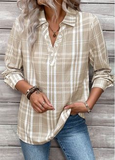 Color:Light Coffee;Size:S;Size:M;Size:L;Size:XL;Size:XXL;Package Contents:1 X Blouse;Occasion:Other;Style:Casual; Styles For Women Over 60 Casual, Blouses For Women Casual Classy, Backyard Art, Mom Clothes, Material Things, Fall Tops, Beige Plaid, Fashion Top Outfits, Plaid Shirts