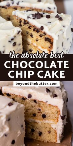 the best chocolate chip cake with white frosting and chocolate chips on top is cut into slices