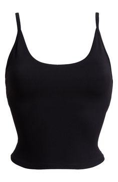 Narrow straps give a cami-hybrid look to a superstretchy tank ideal for workouts and active days. Scoop neck Adjustable straps Partially lined, with pockets to accommodate bra pads 75% nylon, 25% spandex Machine wash, tumble dry Imported Gym Camisole With Built-in Bra And Tank Straps, Black Yoga Tops With Adjustable Straps, Black Tank Top With Wide Adjustable Straps, Black Yoga Top With Adjustable Straps, Black Tank Top With Adjustable Straps For Yoga, Black Tank Top With Adjustable Straps And Medium Support, Functional Summer Tank Top With Adjustable Straps, Black Workout Top With Adjustable Straps, Black Gym Tops With Adjustable Straps