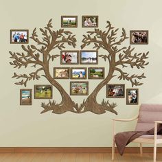 a family tree with many pictures hanging on it's sides, in front of a white wall