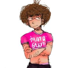 a drawing of a person with curly hair wearing a shirt that says math suit on it