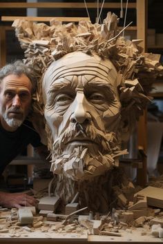 a man standing next to a sculpture of an old man